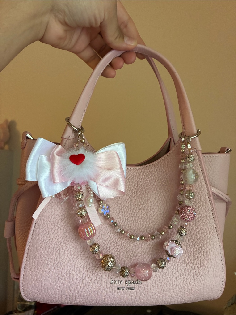 Pink Bow Keychain Beaded Bag Chain with Heart Accent